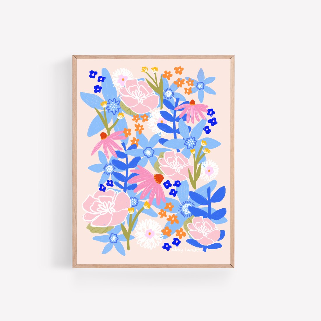 Framed archival print of pink, blue, and orange flowers on a blush ground — original artwork by Scout Hill Co