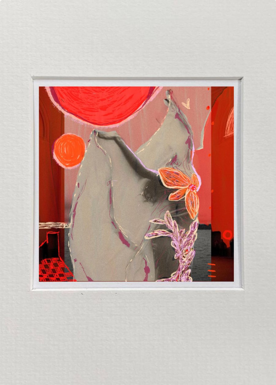 Framed archival print of a red sun over a grey figure with an orange flower — original artwork by Scout Hill Co
