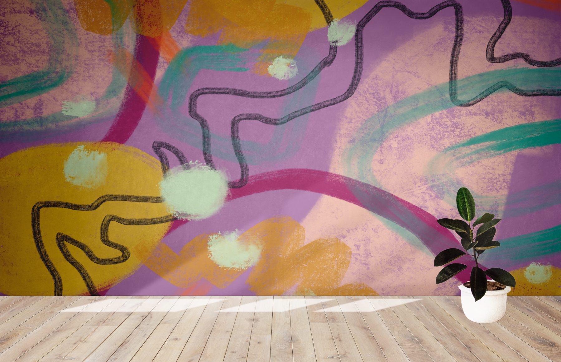 Digital mural mockup by Scout Hill Co showing an abstract purple, marigold, and teal brushstroke design rendered onto a client's room wall